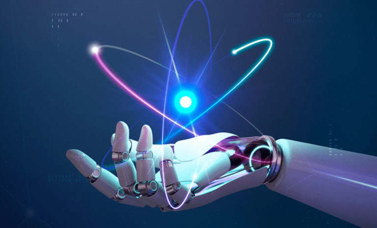 Descrição da imagem: Ilustração de uma mão de robô com a palma aberta para cima. Sobre a mão está um foco de luz envolto a duas faixas de luz, uma lilás e outra azul. Fim da descrição.