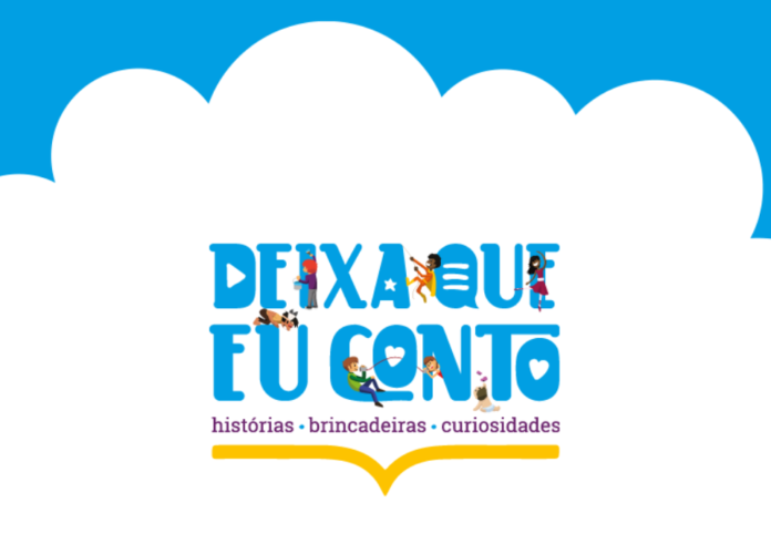 Descrição da imagem: Arte de divulgação. Ela tem um fundo azul com uma nuvem branca. No centro da imagem está escrito: Deixa que eu conto. Abaixo estão escritas as palavras: histórias, brincadeiras e curiosidades. Fim da descrição.