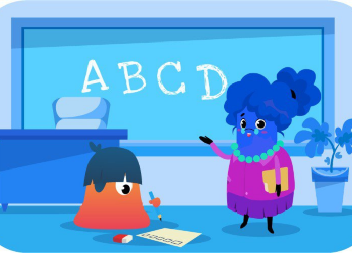 Descrição da imagem: arte com a ilustração de uma sala de aula. Nela estão a professora e um aluno. Na lousa estão as letras: ABCD. Fim da descrição.