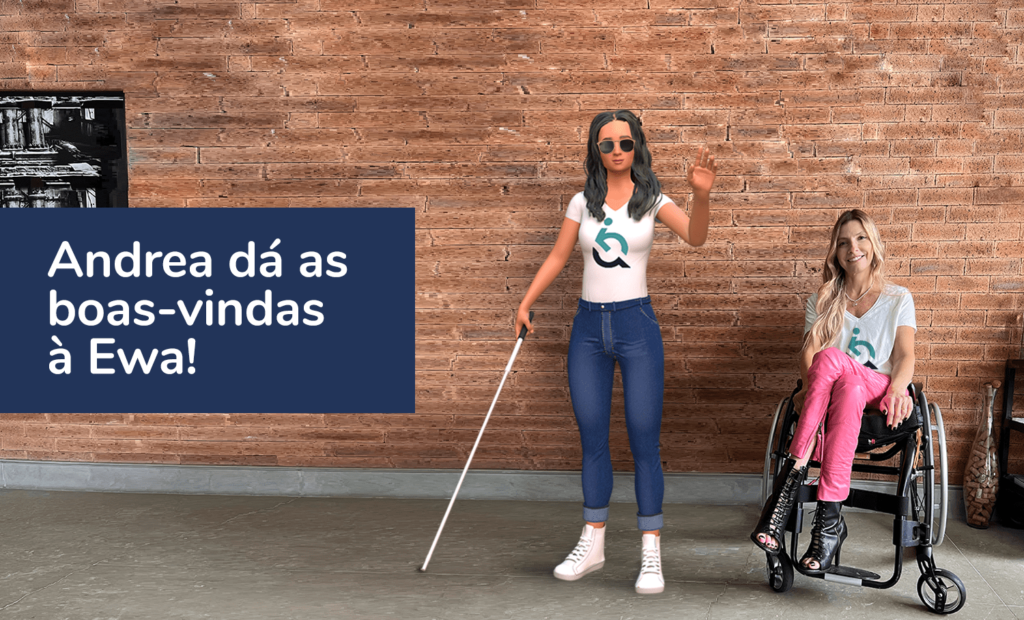 Descrição da imagem: montagem com a foto de Andrea Schwarz ao lado da ilustração da Ewa, nova embaixadora da EqualWeb. Ewa está usando óculos escuros e segudauma bengala branca. Fim da descrição.