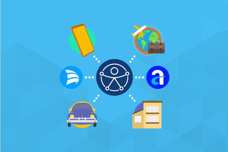 Descrição da imagem: a imagem tem fundo azul. Arte com o ícone universal da acessibilidade no centro, linkando com ícones que representam imagens relacionadas ao mundo dos seguros. Fim da descrição.
