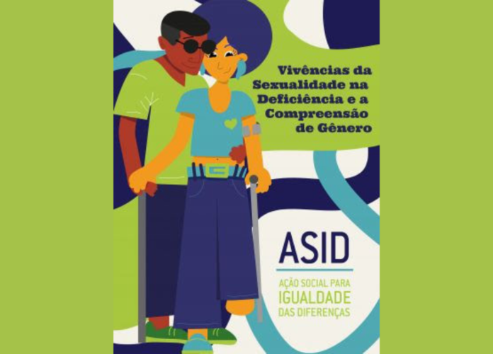 Descrição da imagem: arte com a ilustração de um casal abraçado. Ao lado deles está escrito: Vivências da sexualidade na deficiência e a compreensão de gênero. Fim da descrição.
