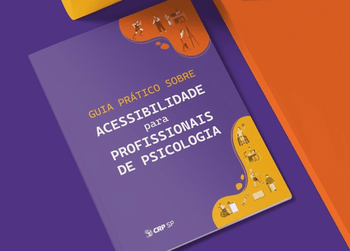 Descrição da imagem: arte com fundo roxo e laranja. No centro está a imagem de capa do guia sobre acessibilidade. Fim da descrição.