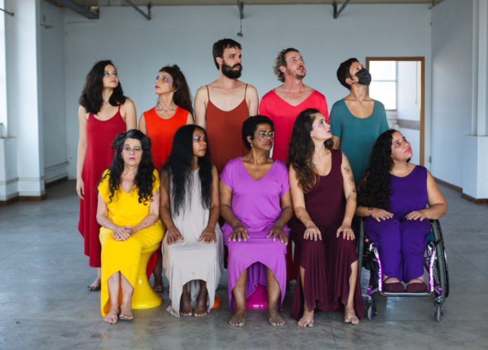 Descrição da imagem: foto de divulgação de Ave. Dez atores estão perfilados, cinco estão em pé e cinco sentados. Uma das mulheres sentadas é cadeirante. Todos usam roupas coloridas. Fim da descrição.
