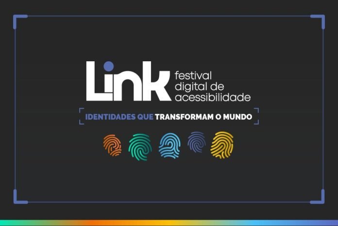 Descrição da imagem: arte de divulgação do evento. A imagem tem fundo preto e uma borda fina, azul. No centro está escrito: Link - festival digital de acessibilidade - identidades que transformam o mundo. Abaixo do texto estão imagens de 5 impressões digitais coloridas.