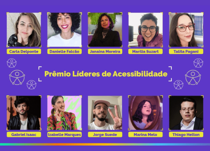 Descrição da imagem: arte com a montagem das fotos de todos os premiados. A arte tem fundo roxo e no centro está escrito: Prêmio Líderes de Acessibilidade. Fim da descrição.