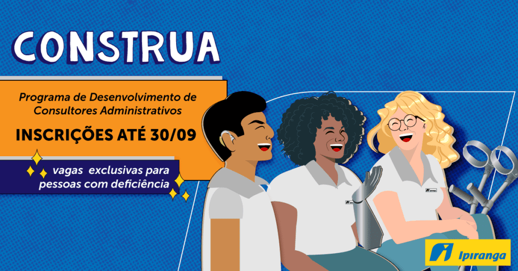 Descrição da imagem: arte de divulgação do programa Construa Ipiranga. A imagem traz informações básicas do programa e a ilustração de três pessoas. Fim da descrição.