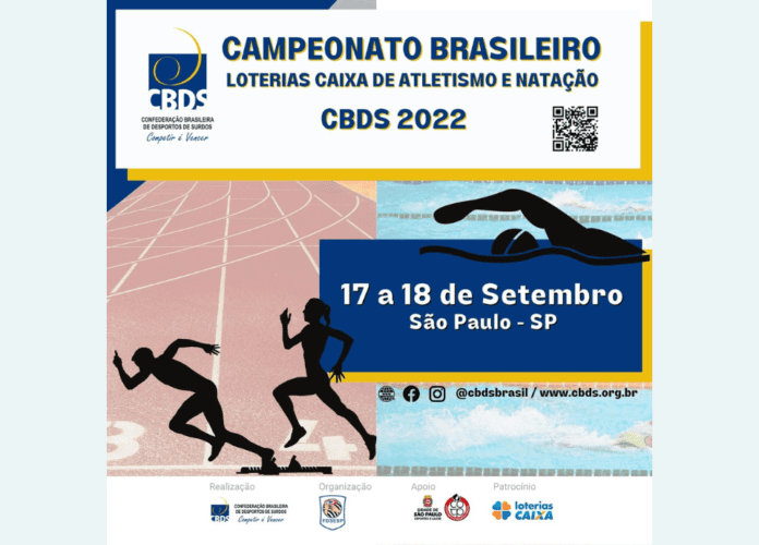 Descrição da imagem: arte de divulgação do campeonato de atletismo e natação. Fim da descrição.