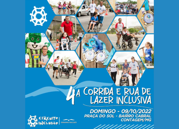 Descrição da imagem: arte de divulgação da 4ª edição da corrida de rua do Circuito Inclusão. A imagem tem fundo azul claro e uma montagem com fotos de eventos anteriores. Fim da descrição.