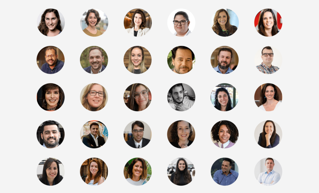 Descrição da imagem: arte com círculos. Neles estão fotos de pessoas que participaram do Congresso Reatech. Fim da descrição.