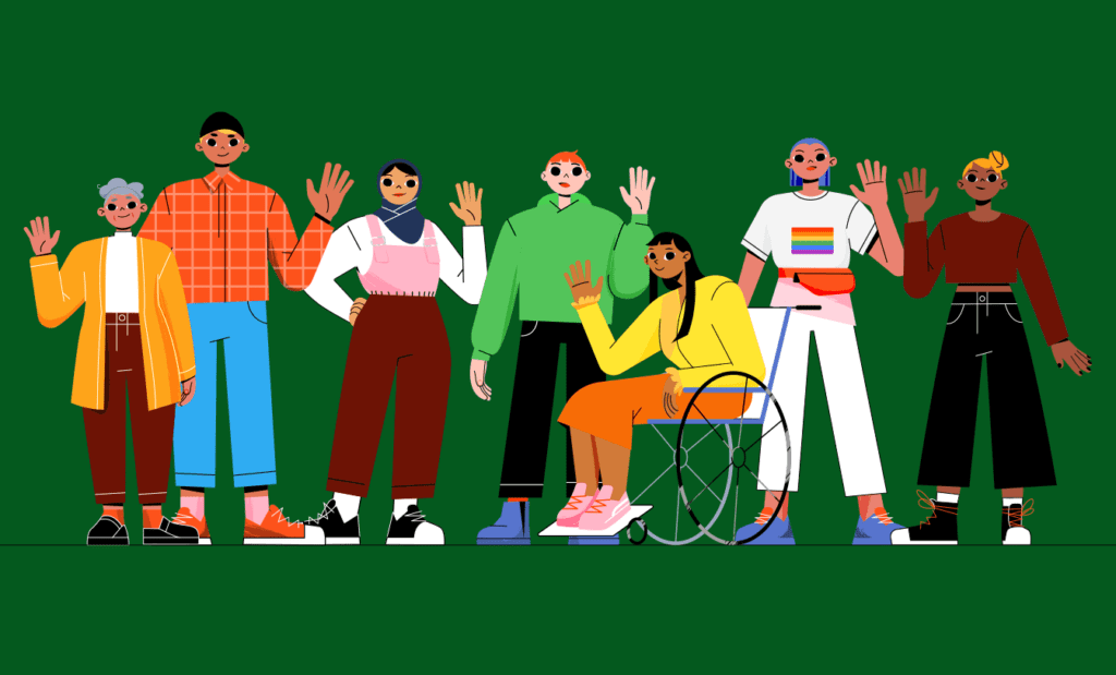 Descrição da imagem: arte com a ilustração de várias pessoas. A imagem tem fundo verde escuro e uma das pessoas é cadeirante. Fim da descrição.