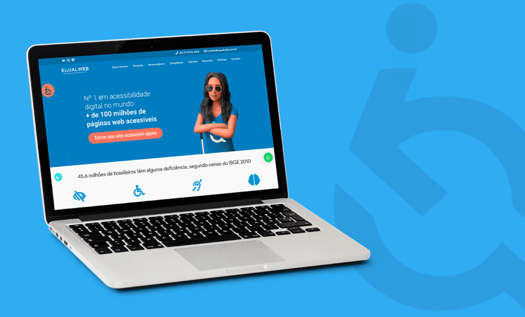 Descrição da imagem: arte com a ilustração de um notebook. Na tela está a imagem da Ewa, embaixadora da EqualWeb. A arte tem fundo azul claro e o logo da EqualWeb. Fim da descrição.