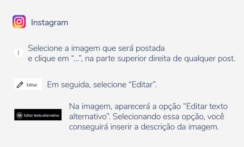 Descrição da imagem: arte com informações sobre acessibilidade no Instagram. Fim da descrição.