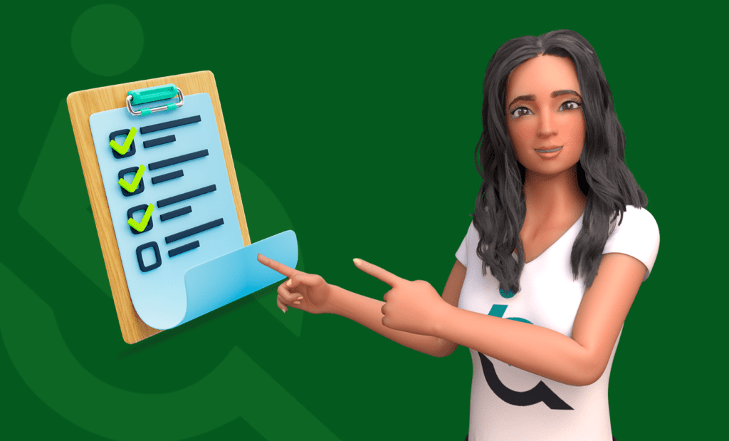 Descrição da imagem: arte com a ilustração da Ewa, embaixadora da EqualWeb. A arte tem fundo verde escuro. Ewa está do lado direito e aponta para um quadro que está ao seu lado. Fim da descrição.