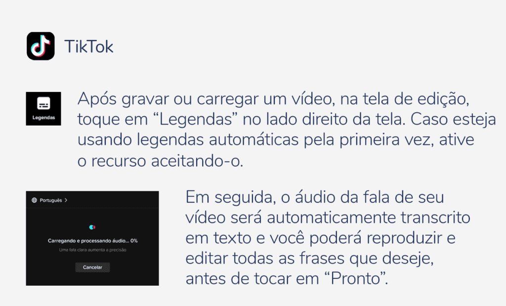 Descrição da imagem: arte com informações sobre acessibilidade no Tiktok. Fim da descrição.