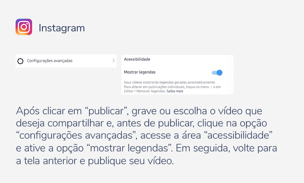 Descrição da imagem: arte com informações sobre acessibilidade no Instagram. Fim da descrição.