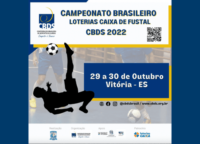 Descrição da imagem: arte de divulgação do Campeonato Brasileiro Loterias Caixa de Futsal da CBDS. A imagem traz as informações do evento. Fim da descrição.