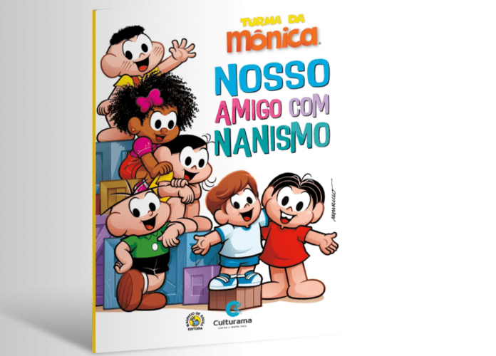 Descrição da imagem: foto da capa do livro 'Nosso amigo com nanismo'. Na capa estão as imagens de algumas personagens da Turma da Mônica. Fim da descrição.