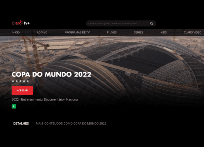 Descrição da imagem: print da tela da Claro TV com a chamada para a Copa do Mundo. Fim da descrição.