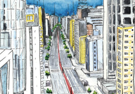 Descrição da imagem: quadro com pintura da Avenida Paulista. Fim da descrição.