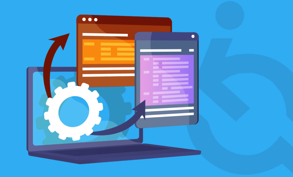 Descrição da imagem: arte com fundo azul. Em destaque estão ilustrações de um notebook com informações sobre recursos de acessibilidade digital. Ao fundo, a marca d'água do logo da EqualWeb. Fim da descrição.