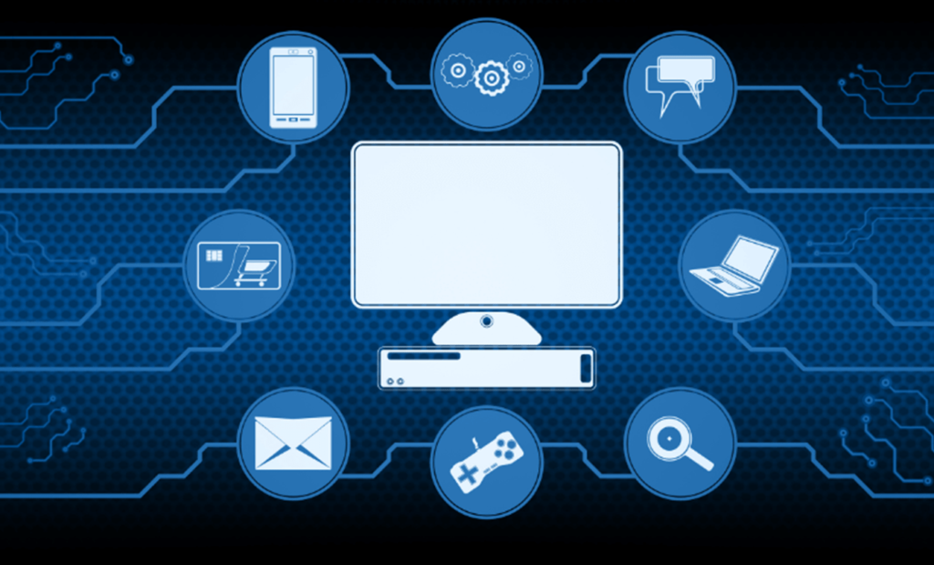 Descrição da imagem: arte com fundo azul. No centro dela está a ilustração de um computador. Em volta dele estão ícones que remetem ao universo digital. Fim da descrição.