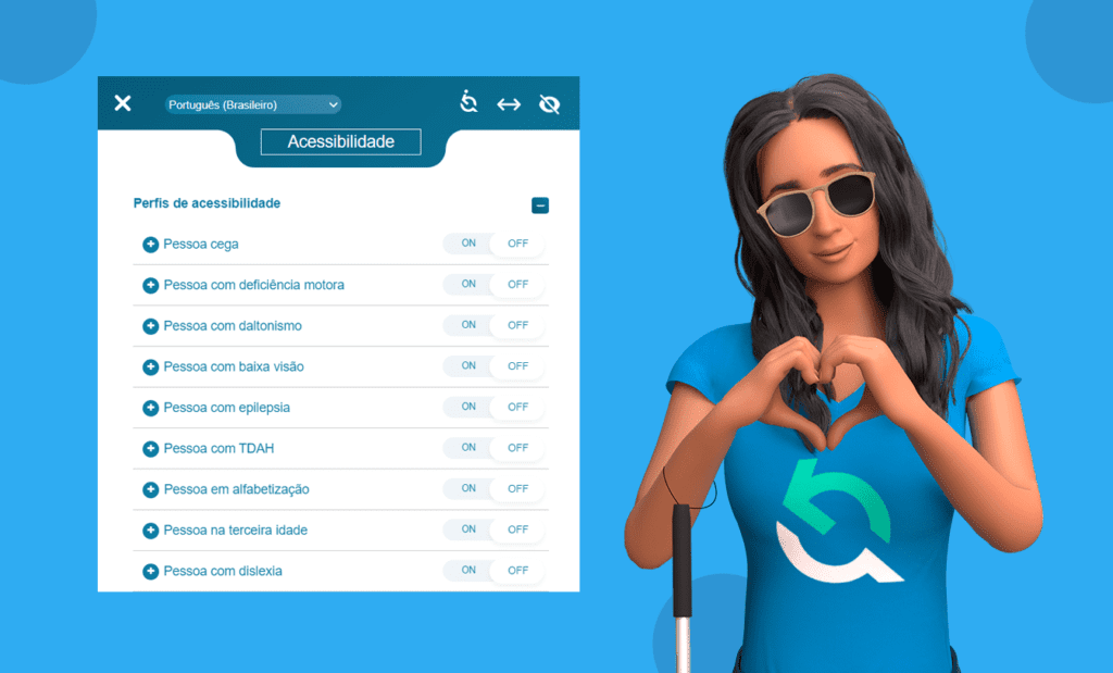 Descrição da imagem: arte com a ilustração da Ewa, embaixadora da EqualWeb. A arte tem fundo azul. Ewa está fazendo coração com as mãos. Ao lado dela tem um quadro com informações sobre os recursos de acessibilidade da EqualWeb. Fim da descrição.