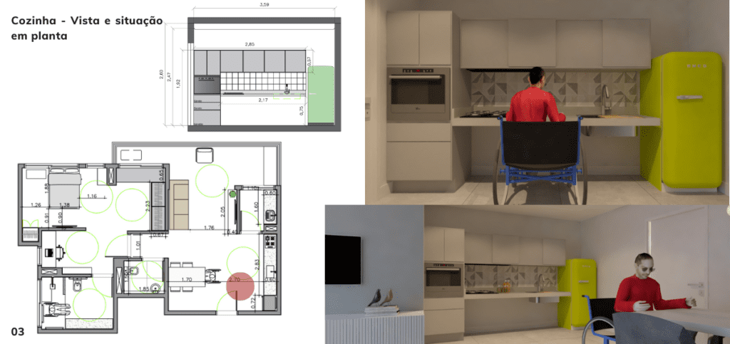 Descrição da imagem: planta baixa e imagens de um projeto de arquitetura. Fim da descrição.