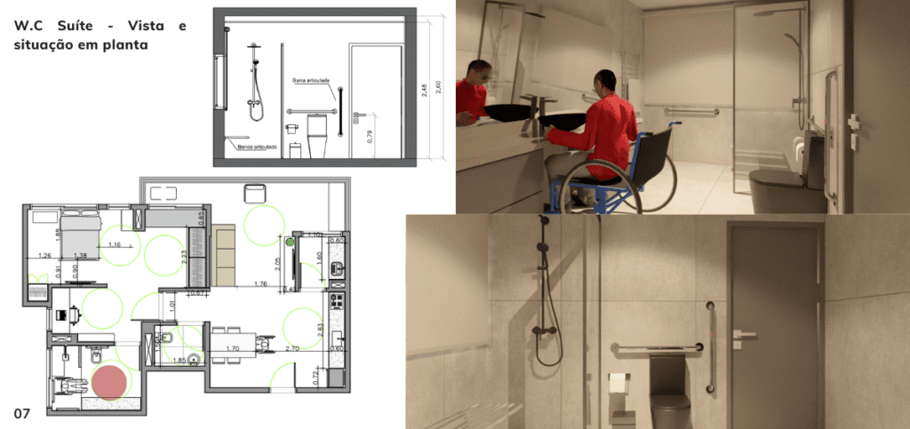 Descrição da imagem: planta baixa e imagens de um projeto de arquitetura. Fim da descrição.