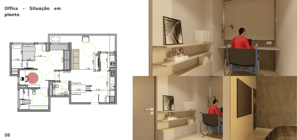 Descrição da imagem: planta baixa e imagens de um projeto de arquitetura. Fim da descrição.