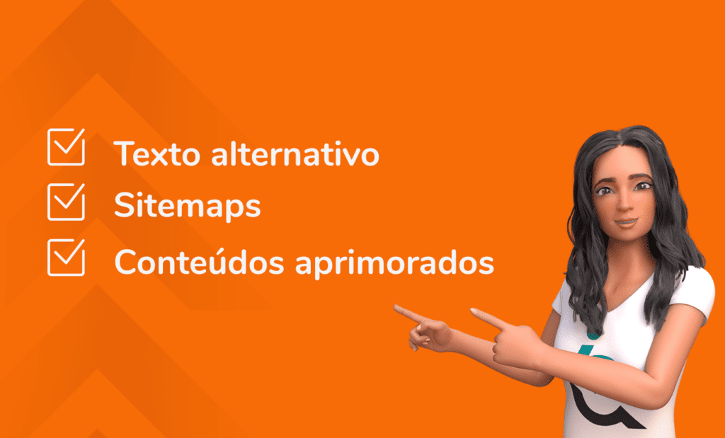 Descrição da imagem: arte com a ilustração da Ewa, embaixadora da EqualWeb. A arte tem fundo laranja. Ewa está apontando para informações sobre alguns recursos de acessibilidade. Fim da descrição.