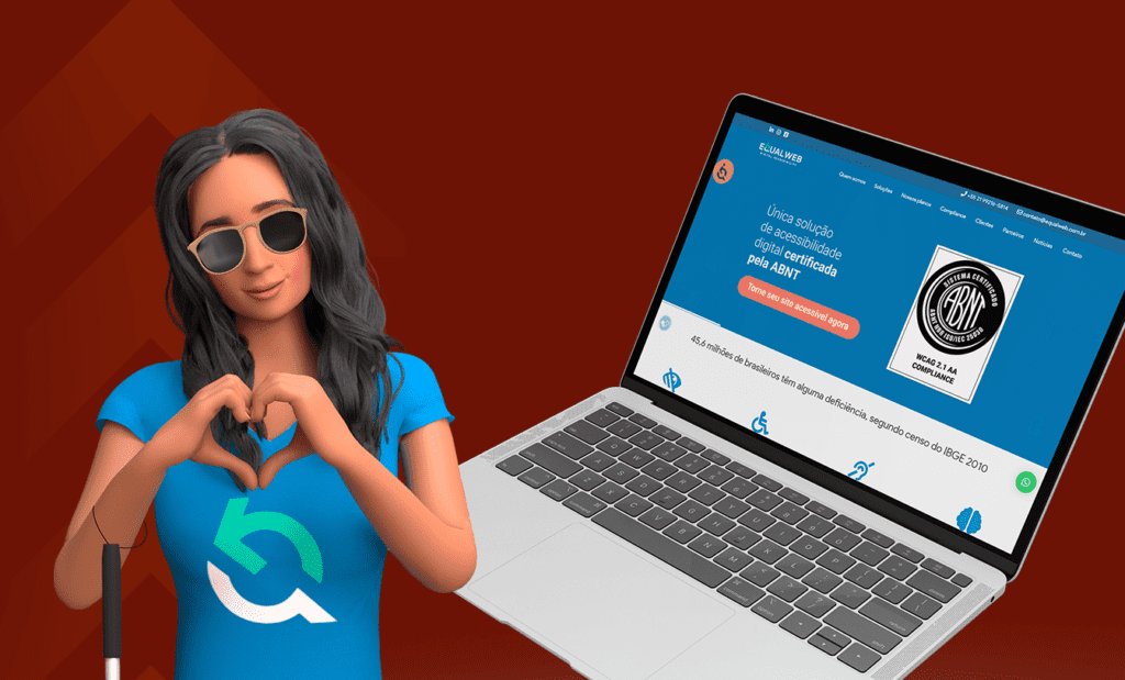 Descrição da imagem: arte com a ilustração da Ewa, embaixadora da EqualWeb. A arte tem fundo bordô. Ewa está em primeiro plano, fazendo coração com as mãos. Atrás dela tem a ilustração de um notebook com a página da EqualWeb. Fim da descrição.