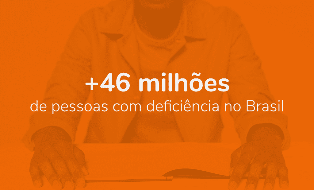 Descrição da imagem: arte com a foto de uma pessoa lendo um documento. A imagem tem um filtro laranja. No centro dela está escrito: + 46 milhões de pessoas com deficiência no Brasil. Fim da descrição.