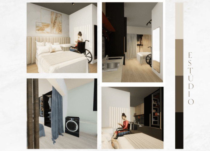 Descrição da imagem: arte com imagens de um projeto de arquitetura. Fim da descrição.