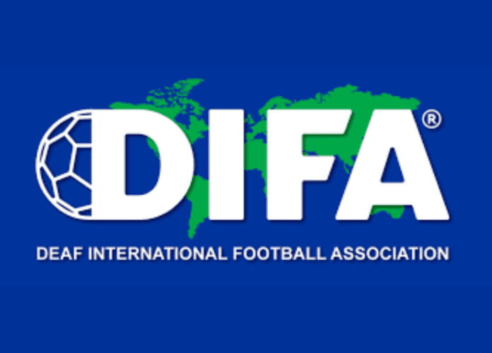 Descrição da imagem: arte com fundo azul. No centro dela está o logo da DIFA, composto pela sigla sobre a imagem do mapa mundi verde e uma bola, atrás da letra D. Abaixo está escrito: Deaf International Football Association. Fim da descrição.