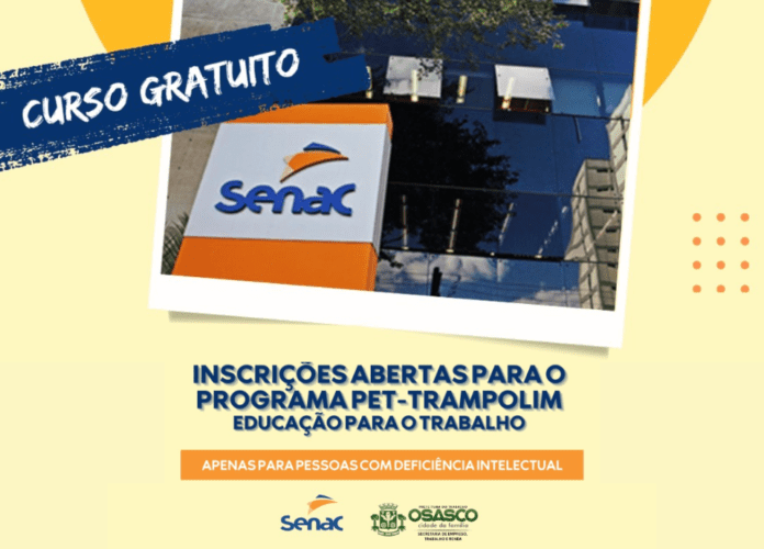 Descrição da imagem: arte com fundo amarelo, no topo contém uma foto da unidade Osasco do Senac e uma tarja azul marinho com a inscrição 'curso gratuito'. Abaixo consta os dizeres: Inscrições abertas para o programa Pet-Trampolim, Educação para o Trabalho - Apenas para pessoas com deficiência intelectual. No rodapé estão os logos do Senac e da Prefeitura de Osasco. Fim da descrição.