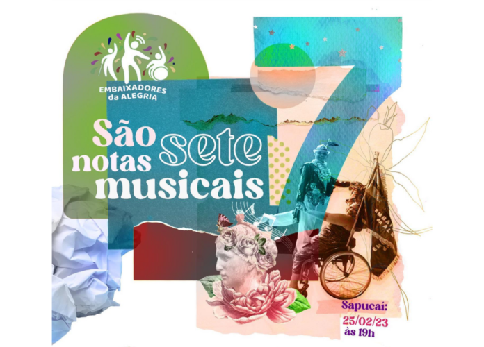 Arte de divulgação do desfile deste ano. Ela tem muitos elementos gráficos com destaque para o texto: 'são sete notas musicais', para o número 7 e para a imagem de um casal de mestre-sala e porta-bandeira, que é cadeirante. Fim da descrição.