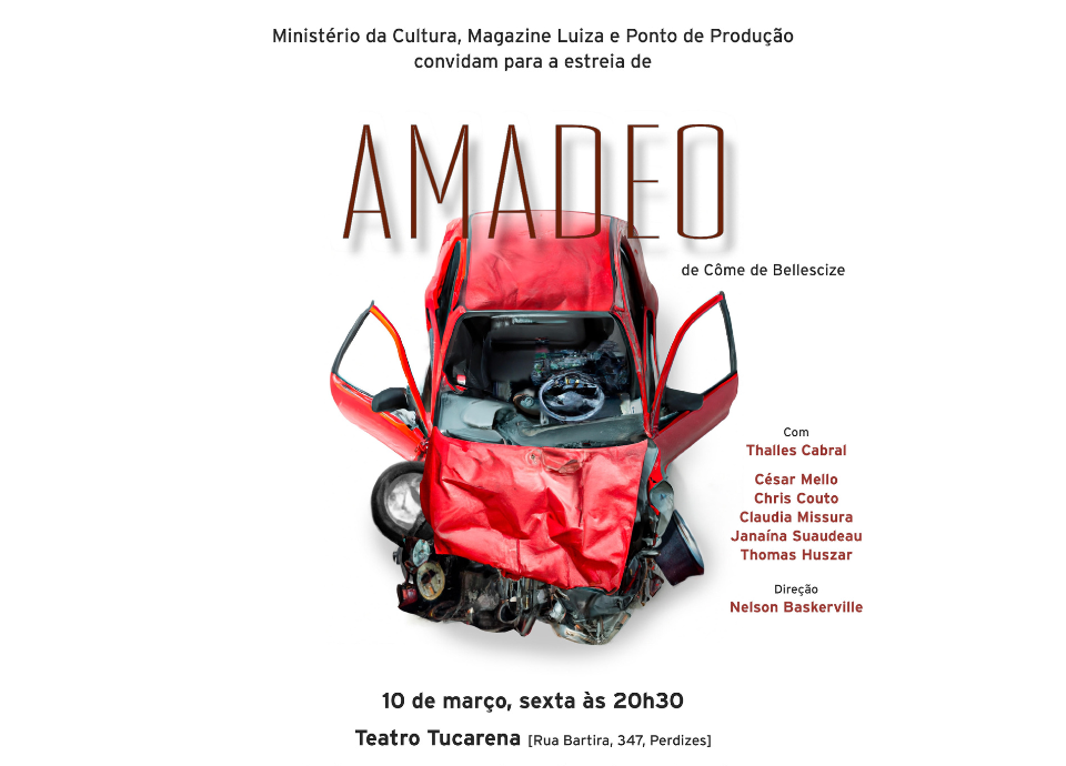 #descricaodaimagem arte de divulgação da peça. Nela está a imagem de um carro vermelho retorcido após um acidente. Na imagem ainda estão as informações sobre a peça e sobre o elenco. Fim da descrição.