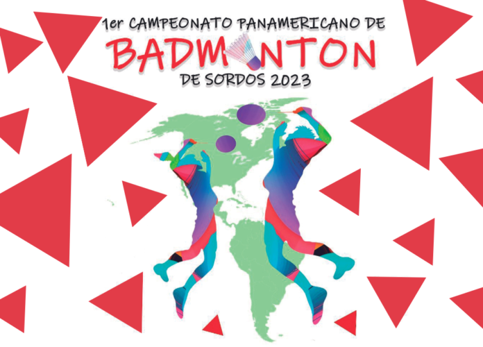 #descricaodaimagem #pratodosverem arte de divulgação do 1º Campeonato Pan-americano de Badminton para Surdos 2023. A arte tem a imagem de duas pessoas jogando badminton, em meio a setas vermelhas. Fim da descrição.