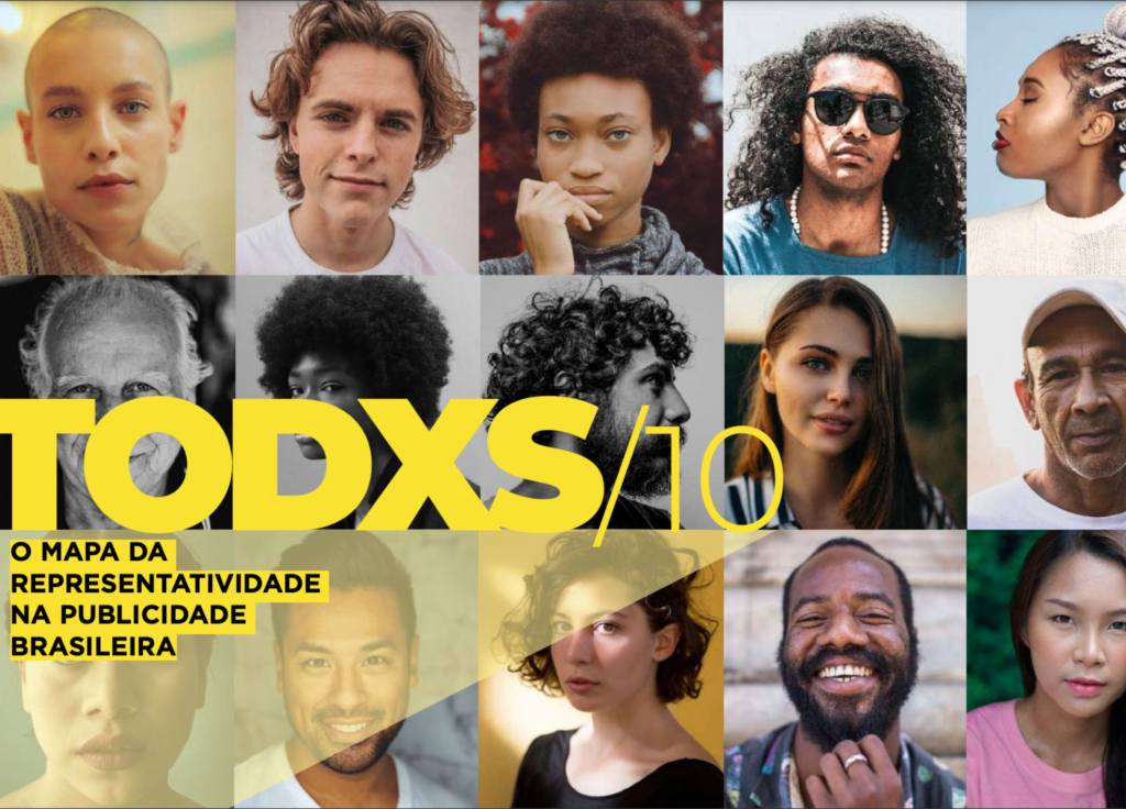 #descricaodaimagem #pratodosverem arte com um mosaico de fotos de pessoas. Sobre a imagem está escrito, em letras amarelas: TODXS/10 - O mapa da representatividade na publicidade brasileira.
