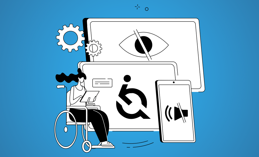 #descricaodaimagem #pratododverem ilustração com fundo azul, representando uma menina cadeirante mexendo no tablet e em volta dela algumas telas com a logo da Equalweb e algumas funções da ferramenta.