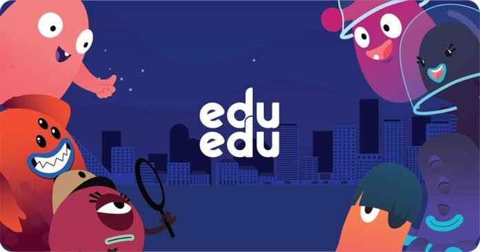 #descricaodaimagem #pratodosverem arte de divulgação do app. A imagem tem fundo azul marinho e, nas laterais, estão desenhos de alguns monstrinhos. No centro está escrito: eduedu.