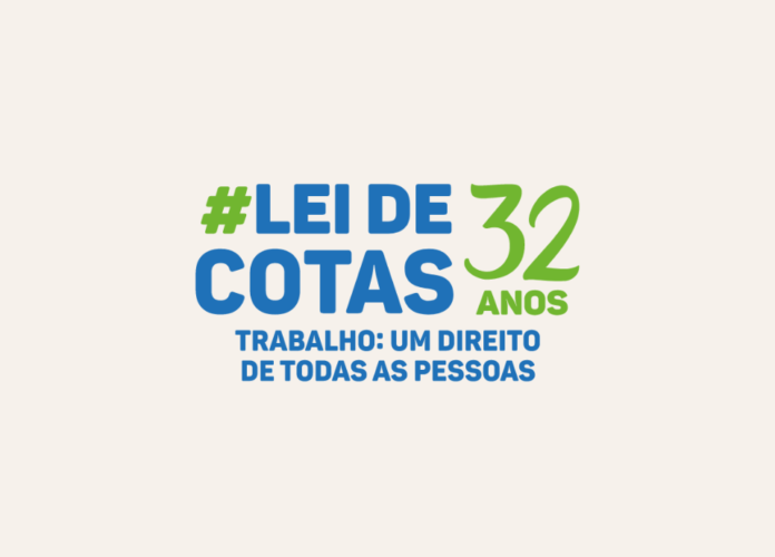 #descricaodaimagem #pratodosverem arte de divulgação do evento comemorativo pelo 32º aniversário da Lei de Cotas. A arte tem fundo bege e traz as informações do evento.
