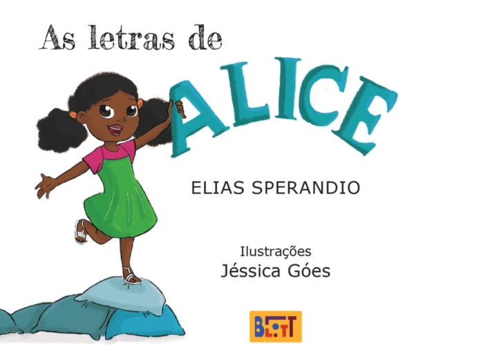 #descricaodaimagem #pratodosverem imagem de parte da capa do livro 'As letras de Alice'. A imagem tem fundo branco e nela está a ilustração de Alice, uma menina negra.