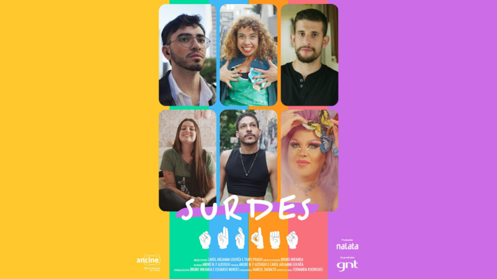 #descricaodaimagem #pratodosverem imagem de divulgação do documentário 'Surdes'. A imagem tem fundo colorido e, no centro, estão as fotos dos seis influenciadores surdos que compoem o elenco.