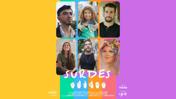 #descricaodaimagem #pratodosverem imagem de divulgação do documentário 'Surdes'. A imagem tem fundo colorido e, no centro, estão as fotos dos seis influenciadores surdos que compoem o elenco.