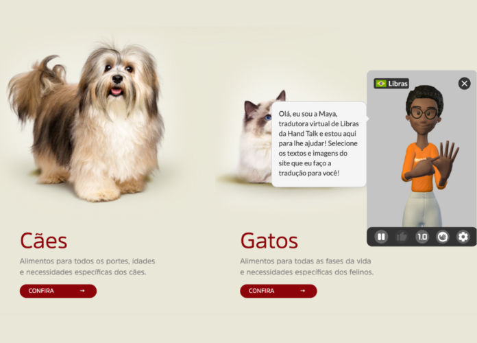 #descricaodaimagem #pratodosverem print da página do site Special Dog Company, com a imagem de um cão e um gato. No lado direito está a janela de Libras com a Maya, tradutora virtual da Hand Talk.