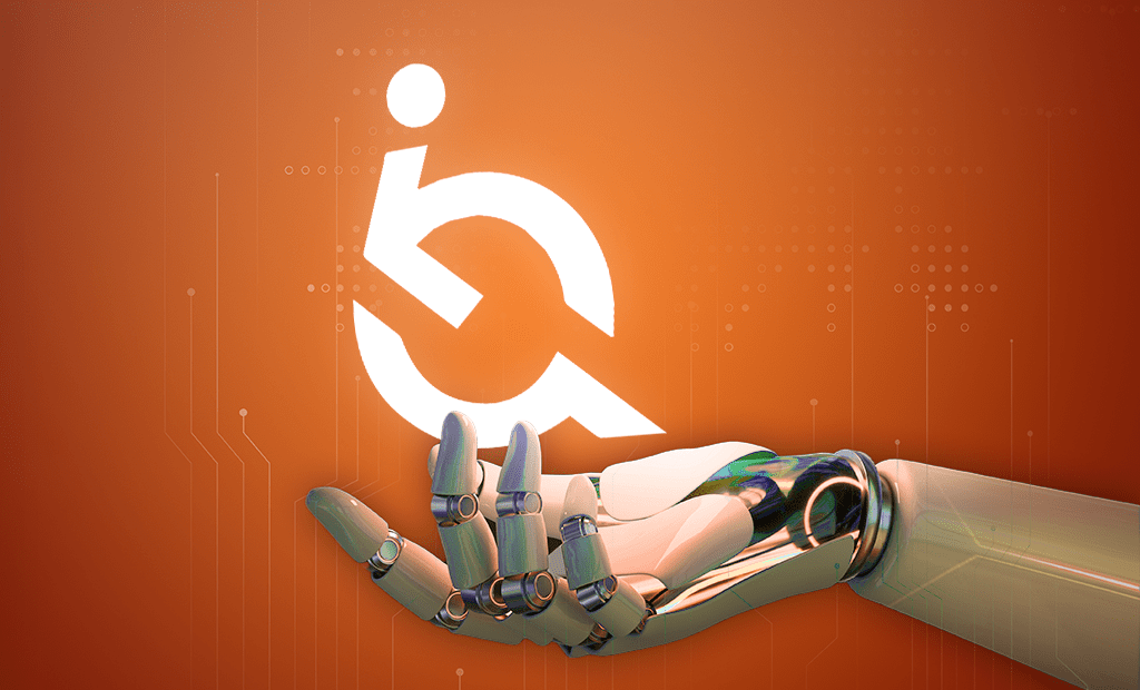 #descricaodaimagem #pratodosverem imagem da mão de um robô segurando a logo da EqualWeb na cor branca.