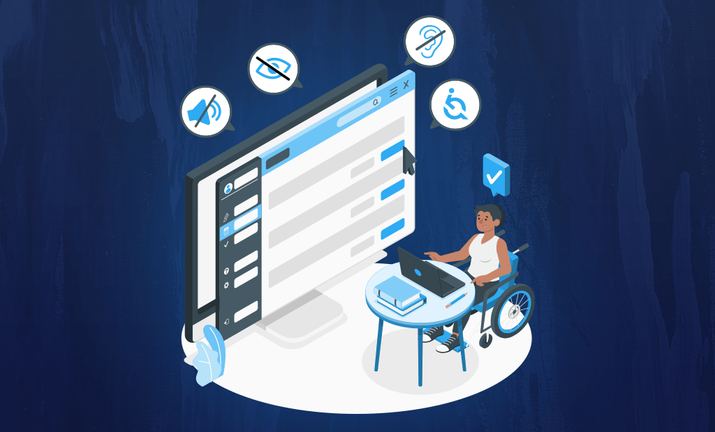 #descricaodaimagem #pratodosverem arte com fundo cor azul escuro. Nela há a ilustração de uma tela de computador com uma imagem de dados. Ao redor da tela estão ícones de acessibilidade e, à frente, a ilustração de uma pessoa cadeirante em sua estação de trabalho.