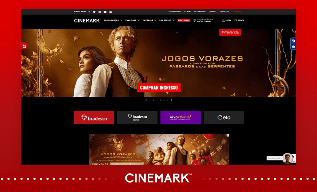 #descricaodaimagem #pratodosverem imagem da tela inicial do site do Cinemark.
